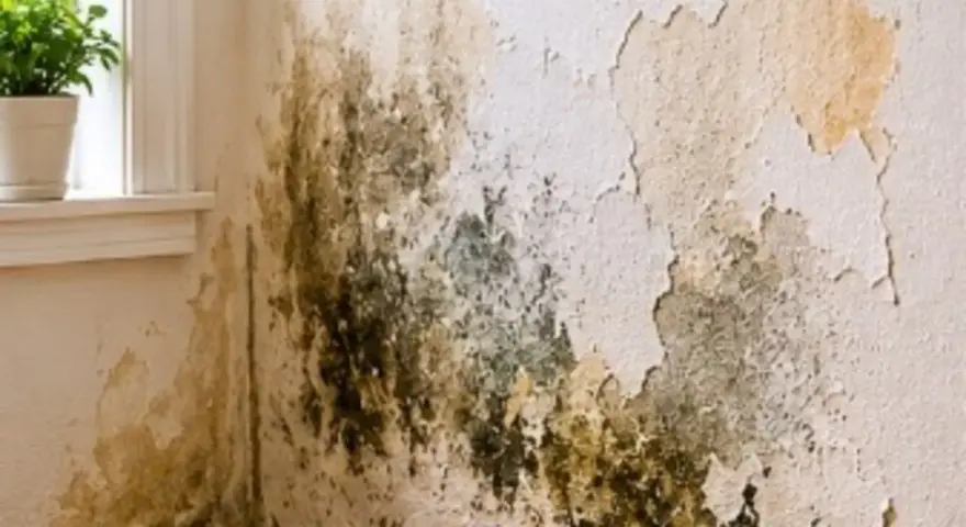 La pintura se cae de la pared por humedad, formando manchas oscuras y descamándose.