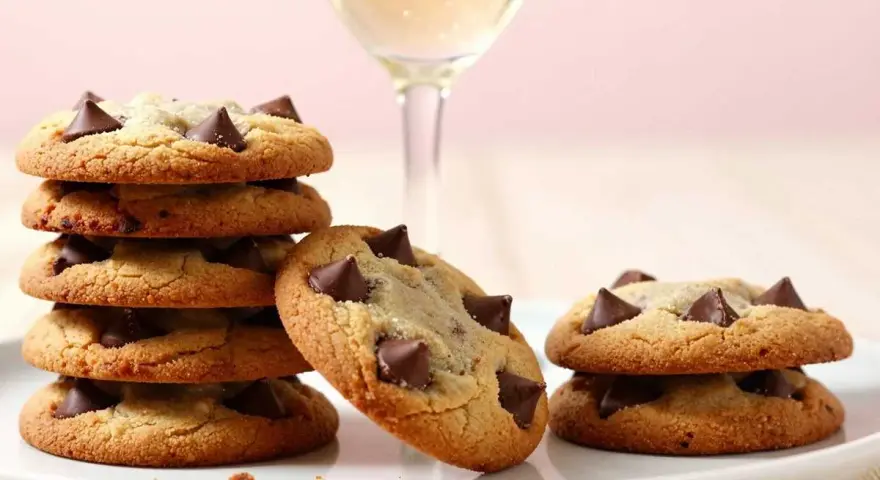 Gestapelte, goldbraune American Cookies mit Schokoladenstückchen und ein Glas Sekt.