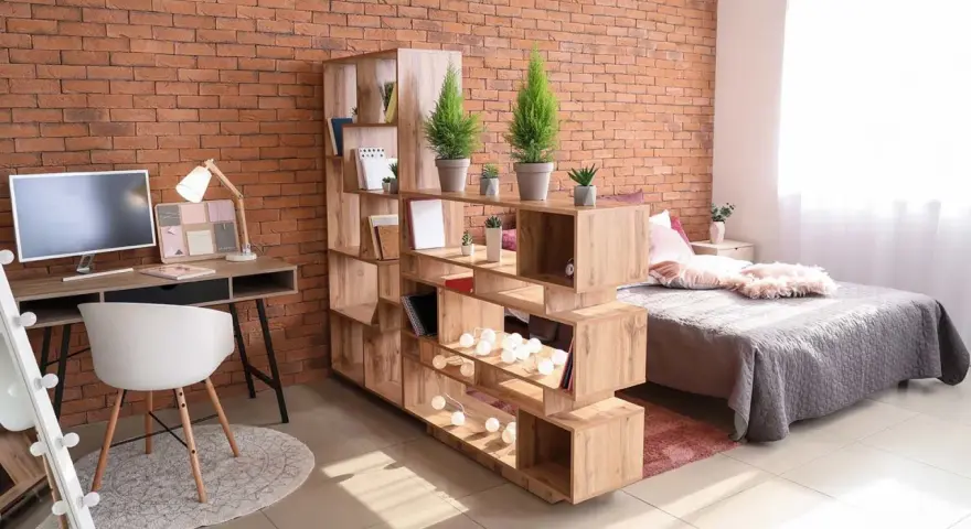 Étagère modulable en bois pour séparer une pièce en deux sans travaux, créant un espace bureau et un coin nuit.