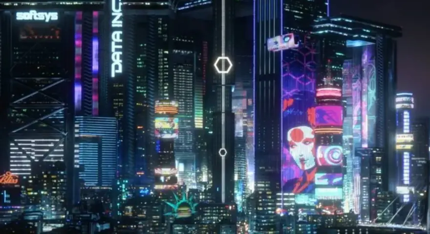 Noche futurista con rascacielos iluminados por neones, anuncios digitales y la silueta de una ciudad que evoca la actualización cyberpunk 2077.