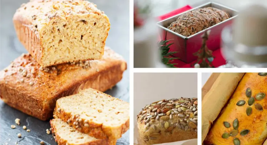Vier Bilder zeigen verschiedene Brote, die in Kastenformen gebacken wurden. Ein Brot ist mit Körnern bestreut, ein anderes mit Kürbiskernen.