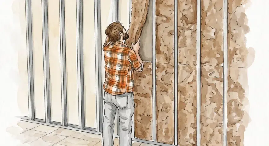 Hombre colocando aislamiento en una estructura metálica para insonorizar habitación.