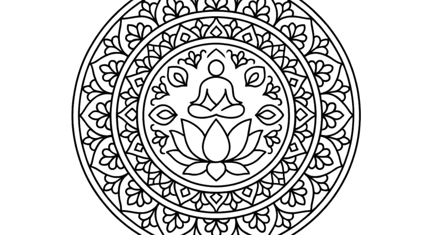 Mandala complexe et symétrique, représentant Bouddha méditant sur un lotus. Un dessin symétrique difficile à colorier.