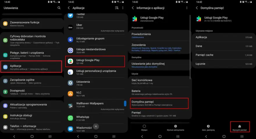 Ekran telefonu z ustawieniami aplikacji Google Play, pokazujący informacje o pamięci i opcję wyczyszczenia.