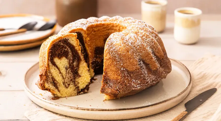 Ein saftiger Marmorkuchen, bestäubt mit Puderzucker, wartet auf dem Teller. Perfekt für den Kaffeetisch.