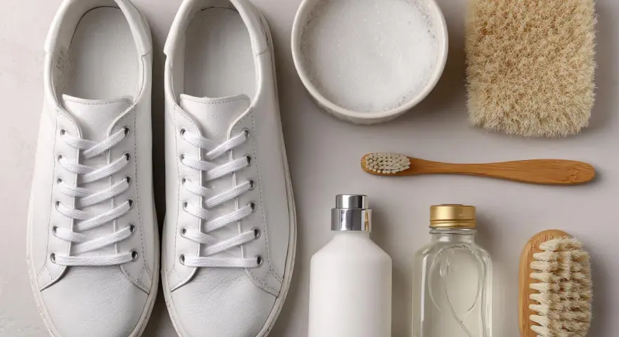 Un paio di scarpe da ginnastica bianche, spazzole, sapone e dentifricio per pulire la gomma bianca delle scarpe.