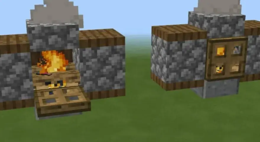 Un ahumador Minecraft con fuego y humo. A la derecha, una puerta con compartimentos para cocinar.