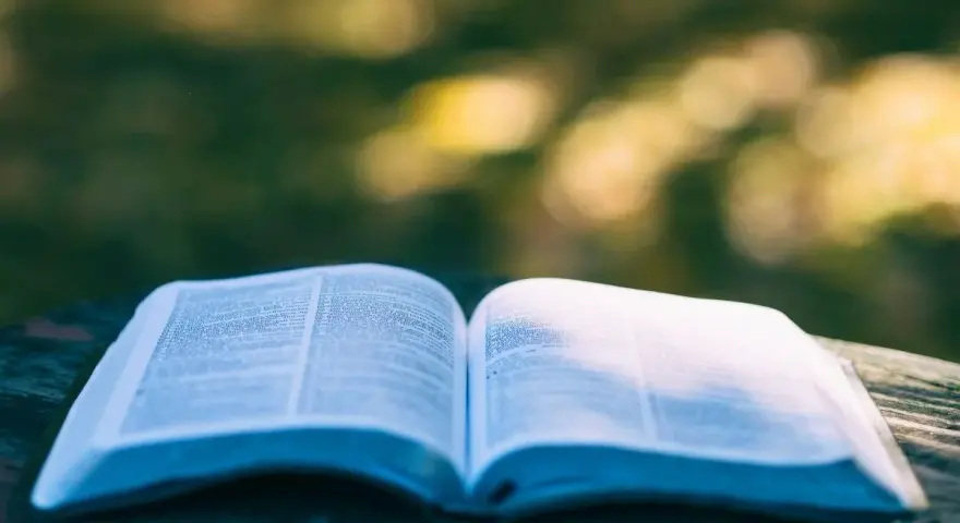 Ein aufgeschlagenes Buch liegt auf einem Tisch im Freien. Die Seiten sind mit Text gefüllt, der an Psalm 28 erinnert.