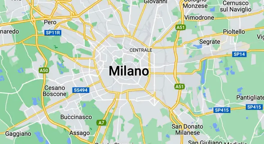 Mapa drogowa Mediolanu i okolic, z zaznaczoną nazwą miasta.