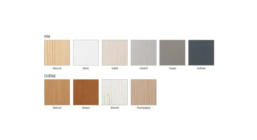Échantillons de couleurs de bois : pin naturel, blanc, sablé, cendré, taupe, ardoise ; chêne naturel, moyen, blanchi, champagne. Le ral 9100 sablé est une teinte claire et douce.