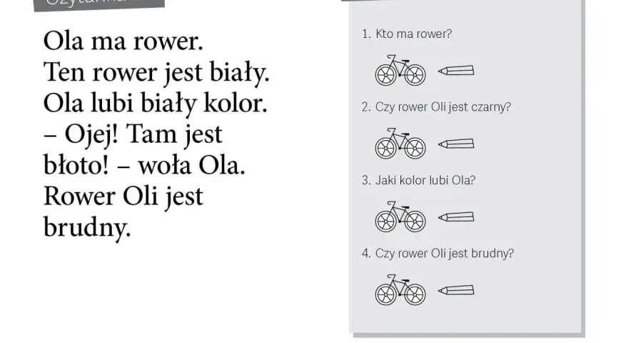 Ćwiczenie do nauki czytania ze zrozumieniem: tekst o Oli i jej rowerze, pytania sprawdzające zrozumienie, obrazki rowerów.