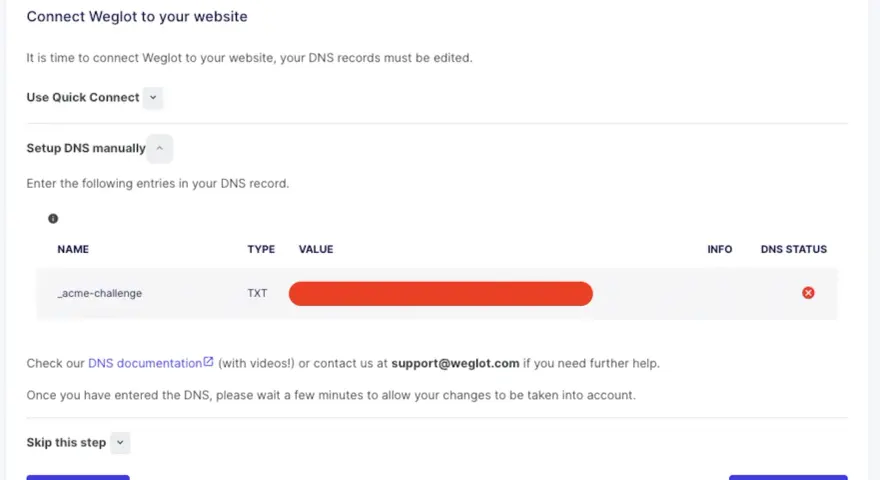 Manuelle Einrichtung des DNS-Eintrags für die Website-Verbindung. Ein TXT-Eintrag wird angezeigt.