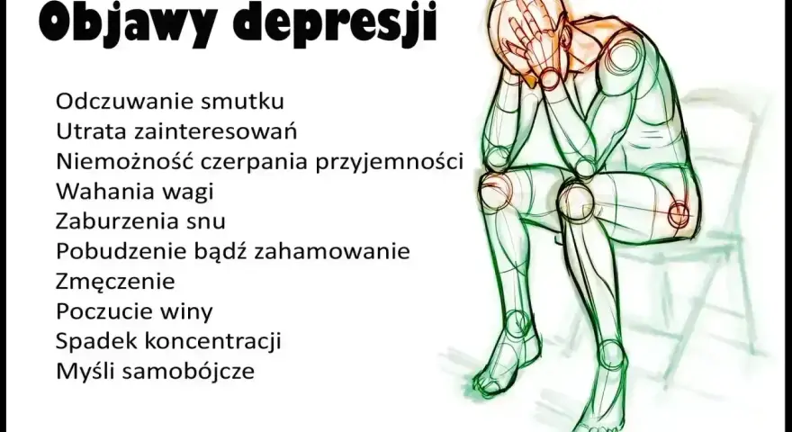 Objawy depresji: smutek, utrata zainteresowań, problemy ze snem, zmęczenie, spadek koncentracji. Postać siedzi ze złożonymi dłońmi na twarzy.