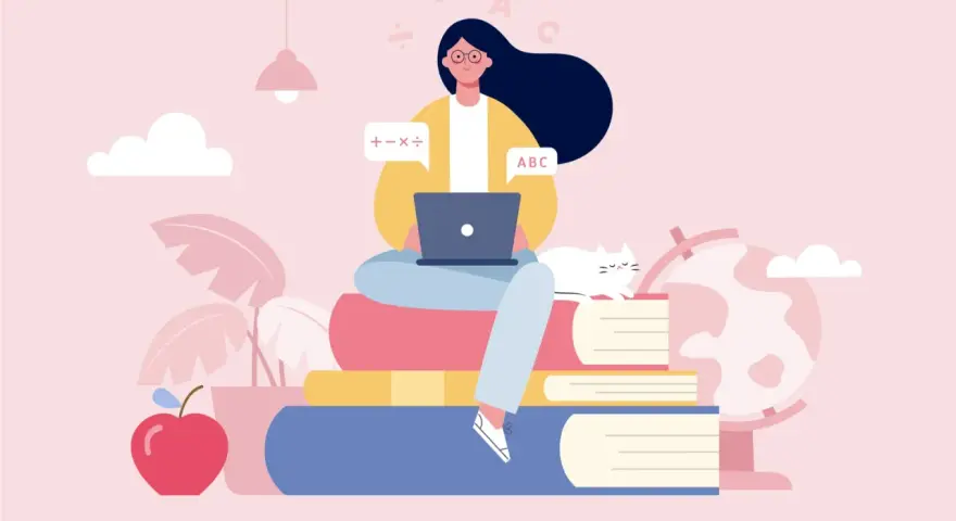 Ragazza studia online con laptop, circondata da libri, un gatto e un globo. Capire mooc cosa sono è facile con questo apprendimento digitale.