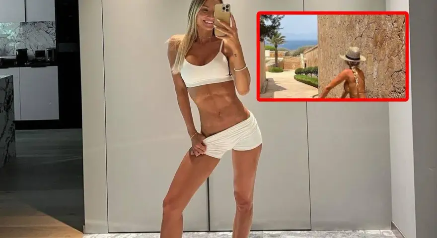 Agata Sieramska pozuje w białym sportowym komplecie, prezentując wyrzeźbiony brzuch. W małym kadrze widać ją w słomkowym kapeluszu na tle śródziemnomorskiego krajobrazu.