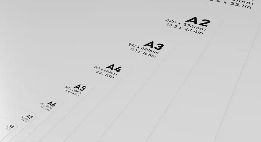 Series de tamaños de papel A, desde A1 hasta A8, mostrando la progresión de cada mida foli.