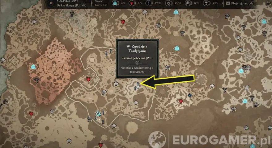 Mapa z gry Diablo 4, zaznaczone zadanie poboczne "W zgodzie z tradycjami" i notatka.