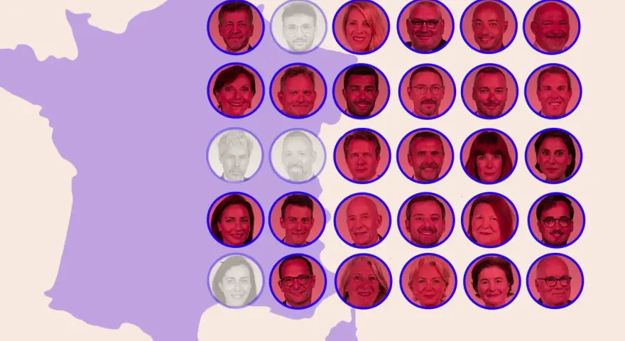Portraits de membres d'un groupe allemand connu en France, disposés sur une carte stylisée de la France.