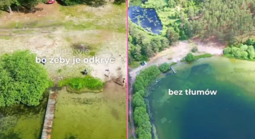 Dwa ujęcia Mazur: z lewej piaszczysta plaża i pomost, z prawej zielone jezioro, najczystsze jezioro na Mazurach, bez tłumów.
