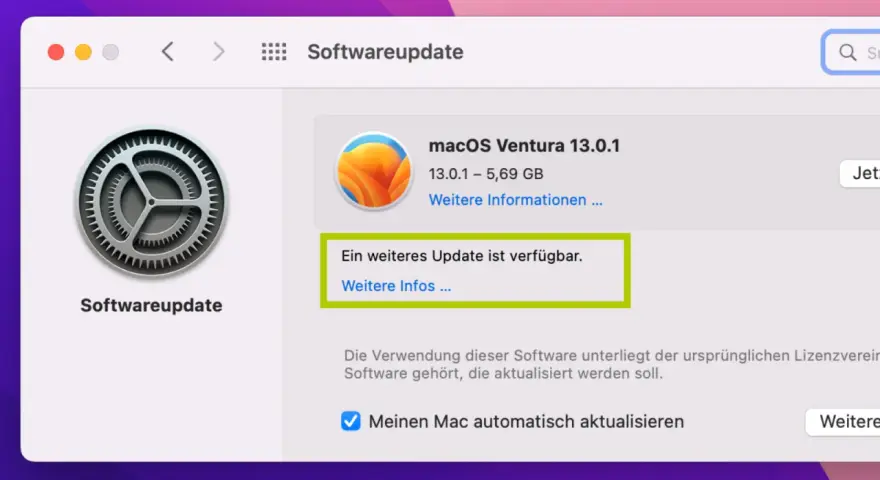 macOS Ventura Softwareupdate zeigt an, dass ein weiteres Update verfügbar ist.
