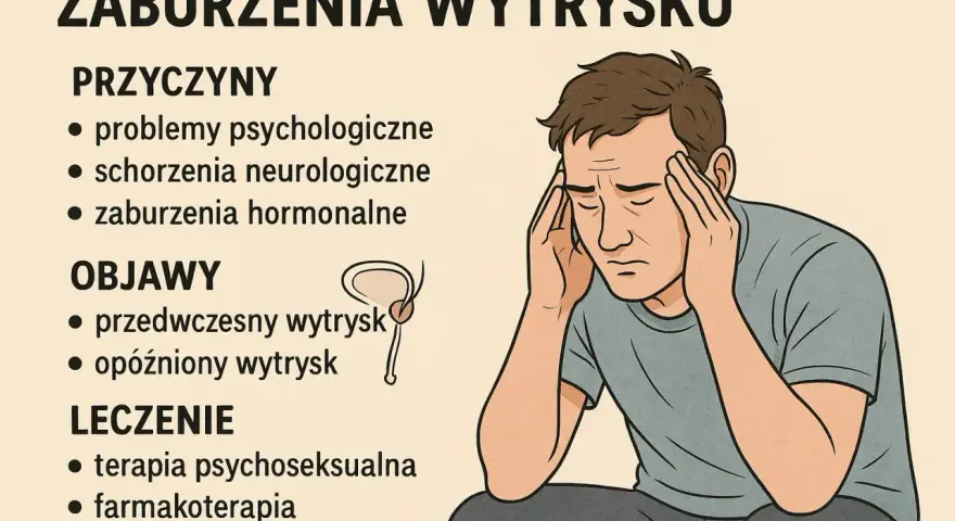 Ilustracja przedstawia mężczyznę z problemami z wytryskiem, z dłońmi na skroniach, symbolizującymi stres i ból. Wymienione są przyczyny, objawy i leczenie.