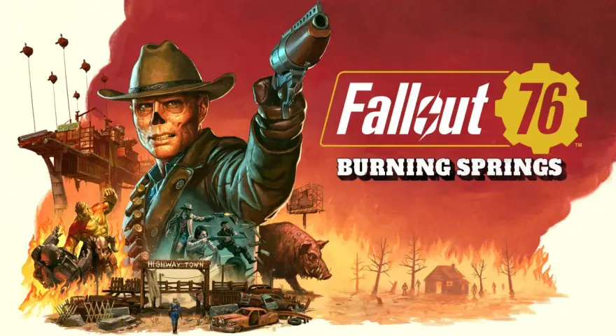 Un hombre con sombrero de vaquero apunta un arma. Escena de acción de Fallout 76: Burning Springs, con mutantes, un jabalí y un pueblo en llamas. ¡Excelentes consejos para sobrevivir!