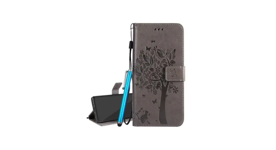 Szare etui na telefon Motorola E6S z motywem drzewa i motyli. W zestawie niebieski rysik.