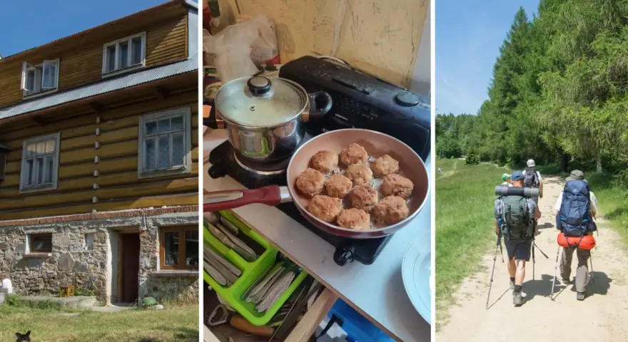 Drewniany dom, smażone kotlety i grupa turystów na szlaku. To wszystko tworzy obraz przytulnego schroniska turystycznego.