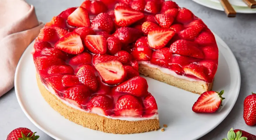 Saftiger Erdbeerkuchen mit frischen Früchten und Tortenguss. Ein Genuss, der einfach backen lässt und jeden begeistert.
