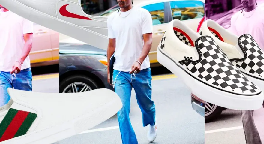 Scarpe senza lacci uomo come si chiamano? Ecco alcuni modelli: slip-on Nike, Vans a scacchi e Gucci con strisce.