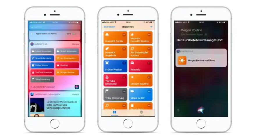Drei iPhones zeigen die App "Kurzbefehle" mit verschiedenen Routinen wie "Morgen Routine" und "Roadtrip".