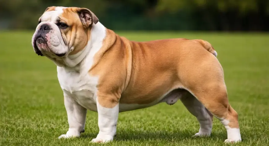 Potężny buldog angielski o brązowo-białym umaszczeniu stoi na zielonej trawie, prezentując swoją charakterystyczną sylwetkę.