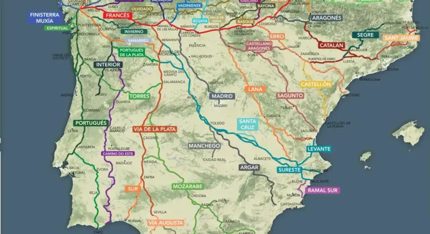 Mapa szlaków pielgrzymkowych do Santiago de Compostela. Widać szlaki: Francuski, Portugalski, Via de la Plata, Camino del Norte i inne.