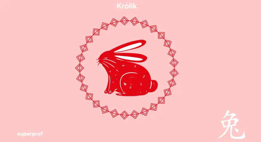 Czerwony królik, symbol chińskiego znaku zodiaku 1999, otoczony ozdobnym wzorem.