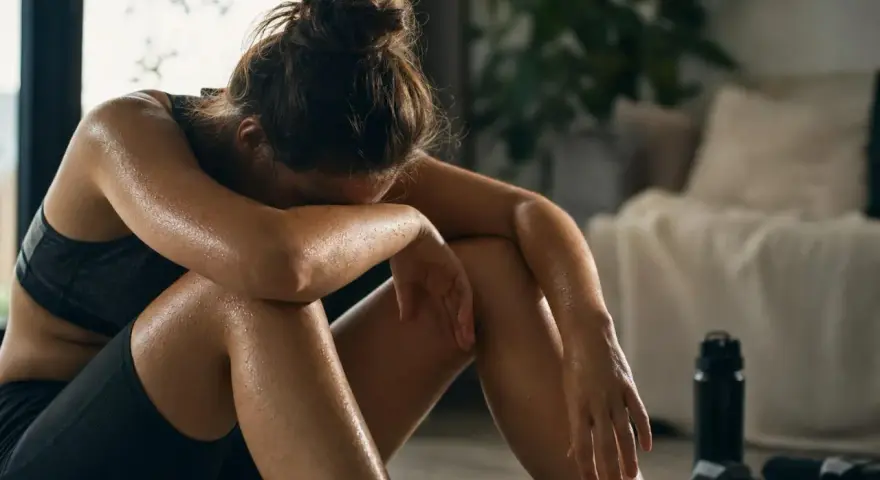 Donna esausta dopo l'allenamento, con gocce di sudore sulla pelle. Potrebbe aver bisogno di rimedi per l'overtraining.