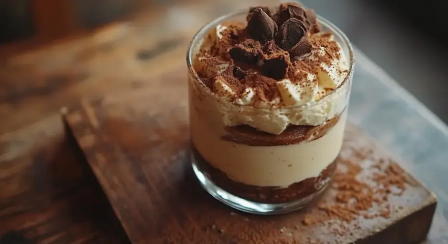 Pyszne tiramisu w pucharku, warstwowe, z bitą śmietaną i kakao. Idealne na deser, gdy masz ochotę na coś słodkiego.