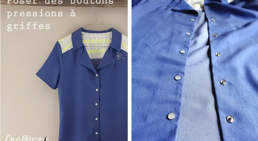 Chemise bleue à boutonnage femme, avec des pressions à griffes et un motif de pissenlit brodé.
