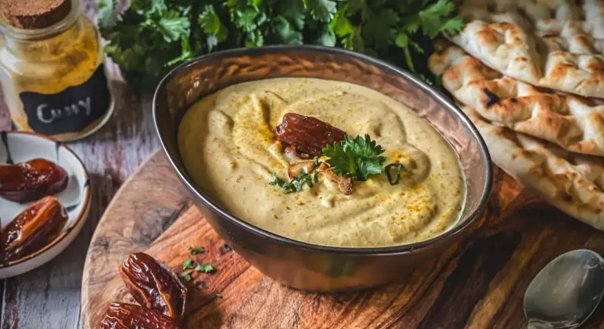 Cremiges Hummus mit Datteln und Curry, perfekt als Dips zum Grillen. Dazu Fladenbrot und frische Kräuter.
