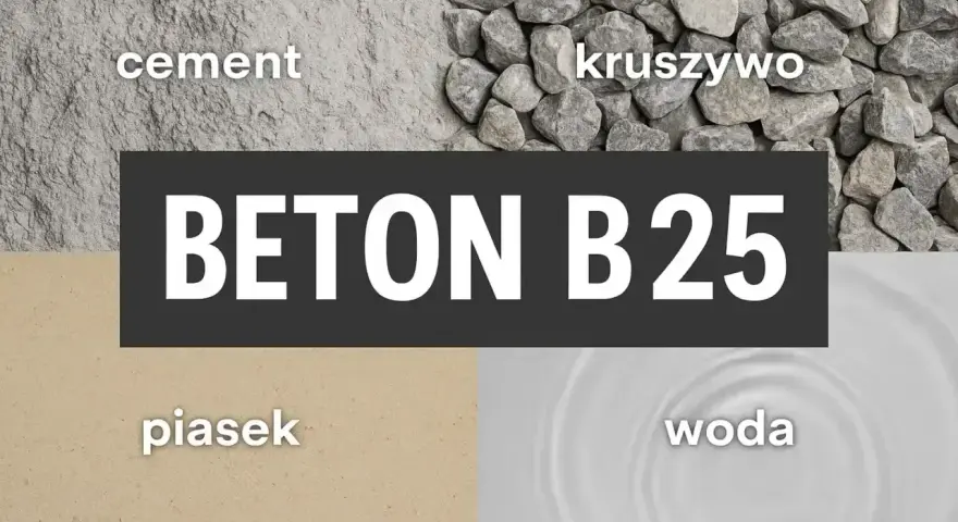 Składniki betonu B25: cement, kruszywo, piasek i woda. Kluczowe są odpowiednie proporcje cementu i piasku.