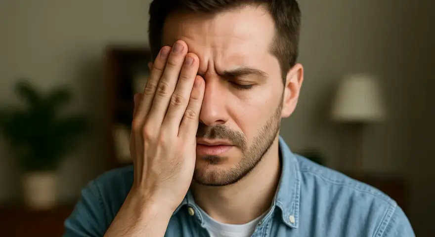 Uomo con mano sull'occhio, forse a causa di uno scotoma anulare.