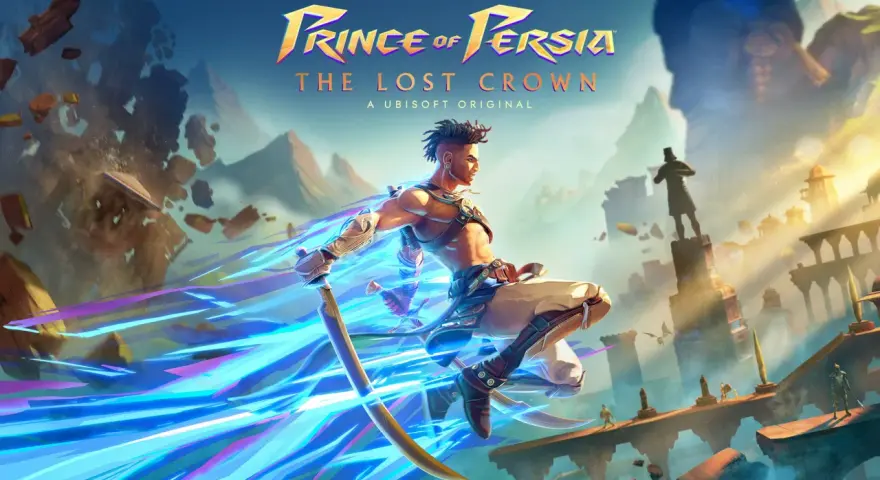 El Príncipe de Persia, Sargon, salta con su espada, dejando estelas de energía. ¡Atrévete a conseguir todos los trofeos de Prince of Persia The Lost Crown!