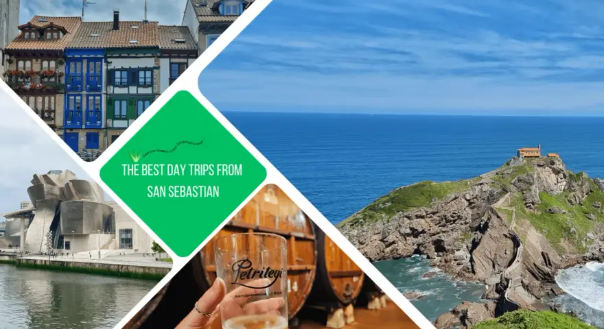 Collage showcasing colorful buildings, the Guggenheim Museum, a beer tasting, and a dramatic coastal church, highlighting the best day trips from San Sebastian.