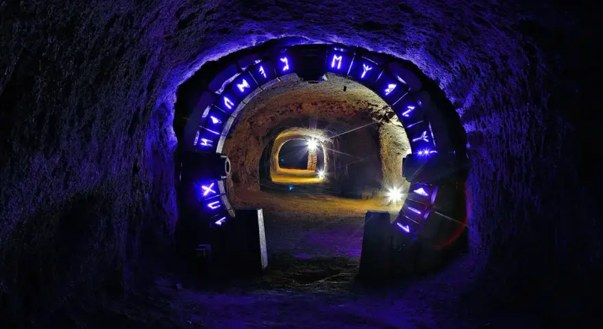 Jelenia Góra bramy czasu, kamienny tunel z niebieskimi runami i światłami, prowadzący w głąb ziemi.