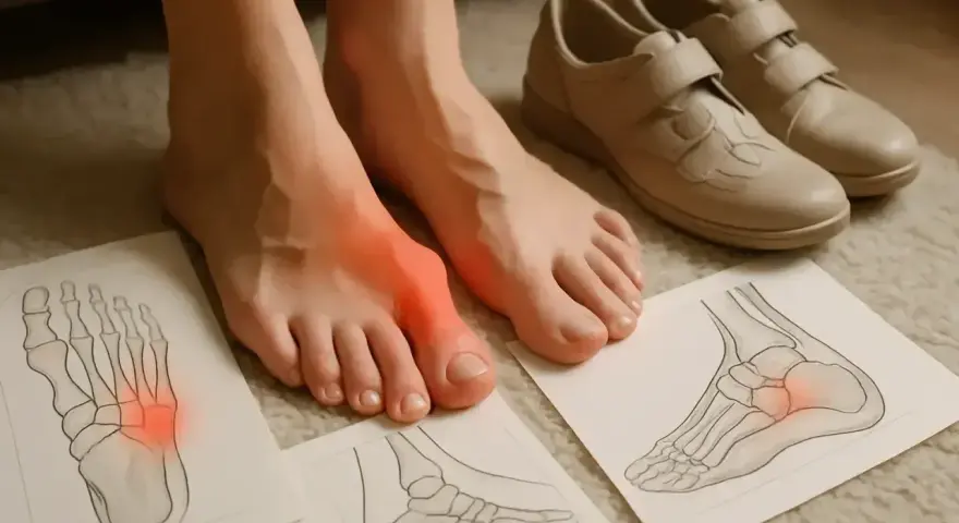 Ból stopy z zapaloną kością śródstopia. Obok rysunki anatomiczne i wygodne buty.