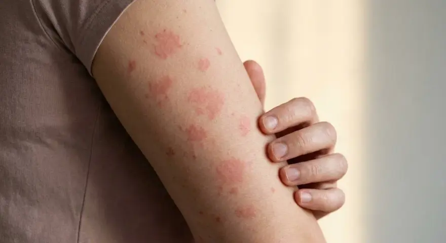 Arm mit roten Flecken auf der Haut, die auf eine allergische Reaktion oder Hautirritation hindeuten.