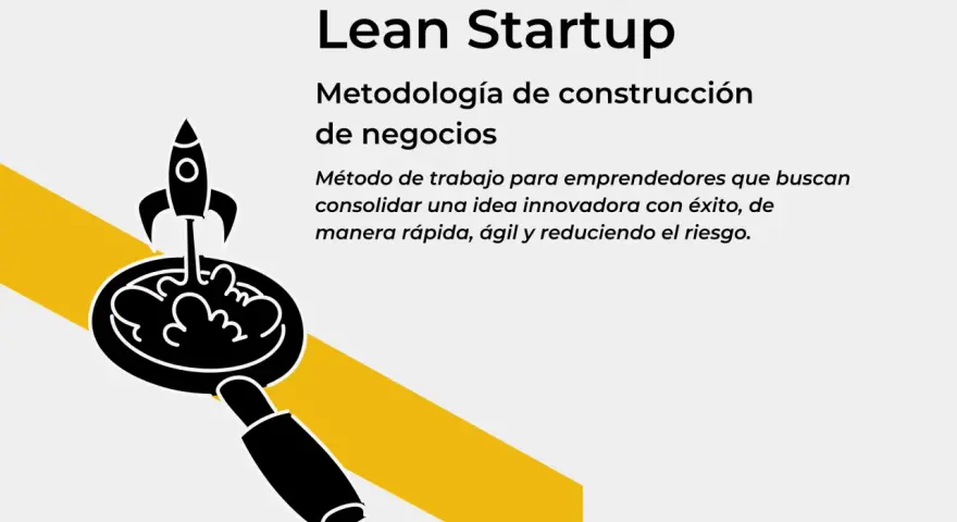 Cohete despegando de una lupa, símbolo del método lean startup para lanzar ideas de negocio.