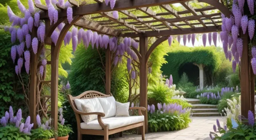 En vacker blåregn pergola med en träbänk under, omgiven av lila blommor och grönska. En idyllisk plats för avkoppling.