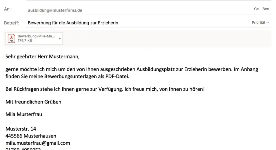 E-Mail-Entwurf für eine Praktikum Bewerbung. Mila Musterfrau bewirbt sich um eine Ausbildung zur Erzieherin.