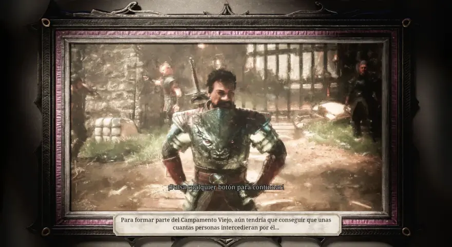 Un guerrero con armadura de bestia, en un estilo de gothic remake, posa ante un campamento.