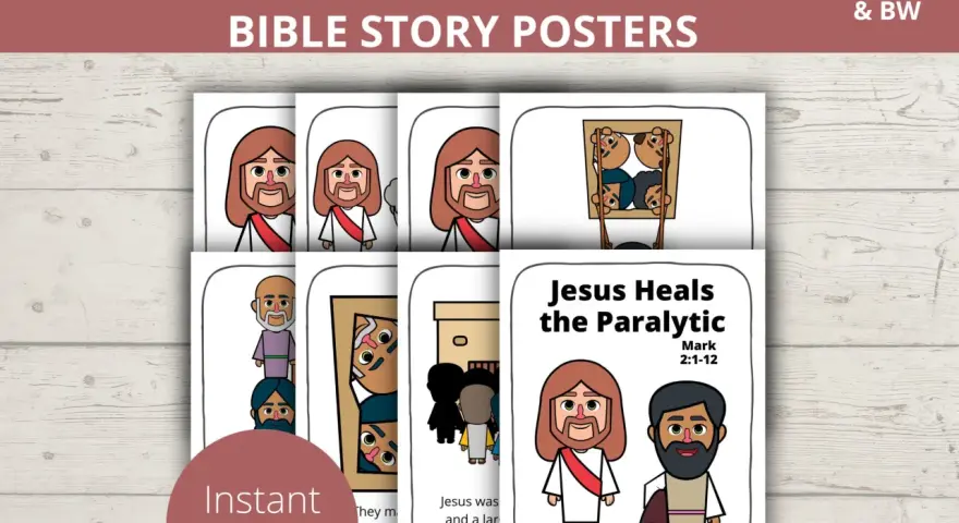 Ilustracje biblijne: Jezus uzdrawia paralityka, w tym Jezus i uzdrowiony mężczyzna.